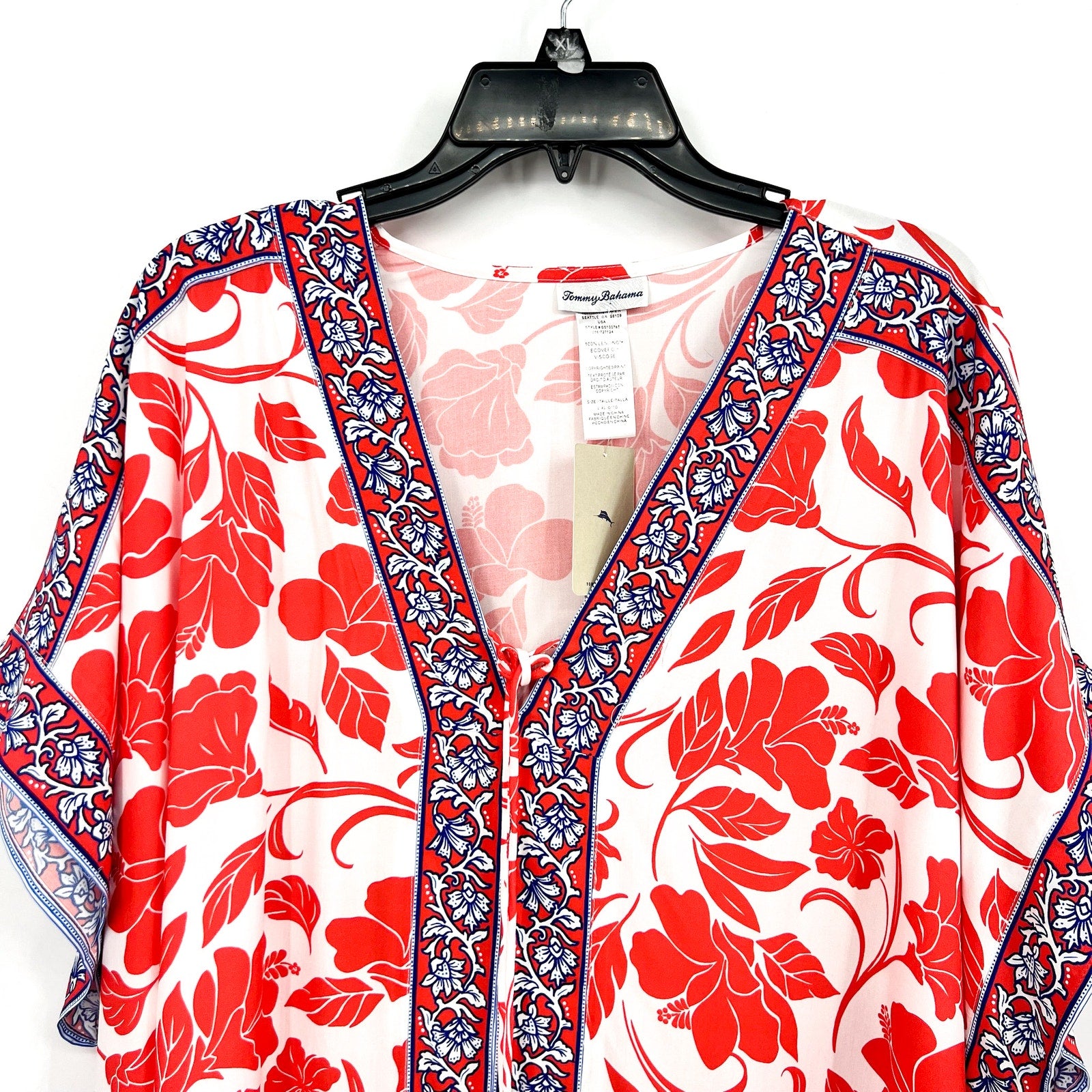 TOMMY BAHAMA Women's Fiori Border Beach Tunic Cover Up Large XL White Red NWT