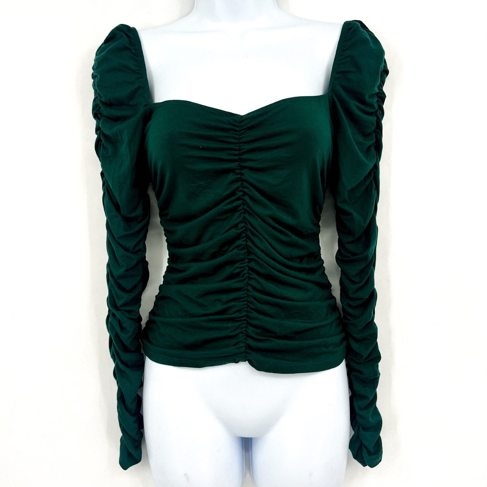 REFORMATION Women's Esra Queen Ann Neck Ruched Blouse Small Emerald Green EUC