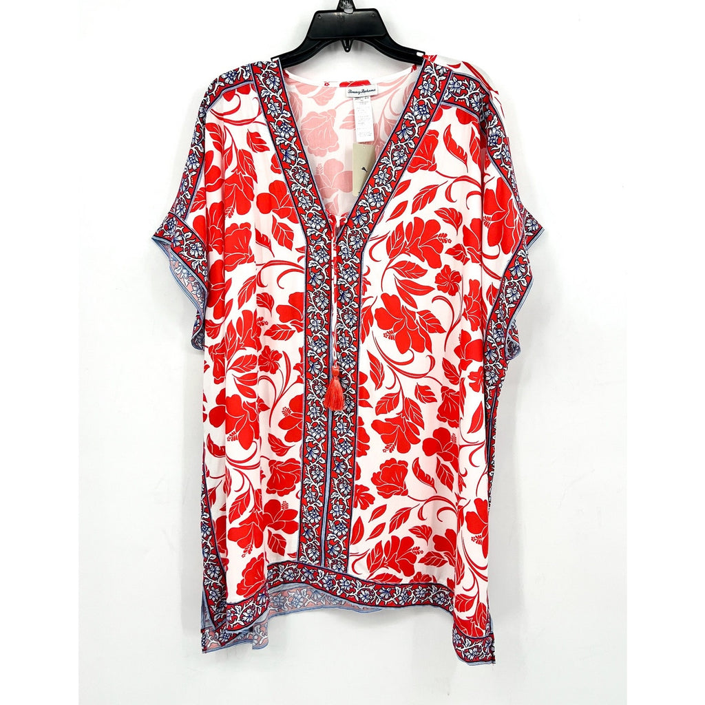 TOMMY BAHAMA Women's Fiori Border Beach Tunic Cover Up Large XL White Red NWT