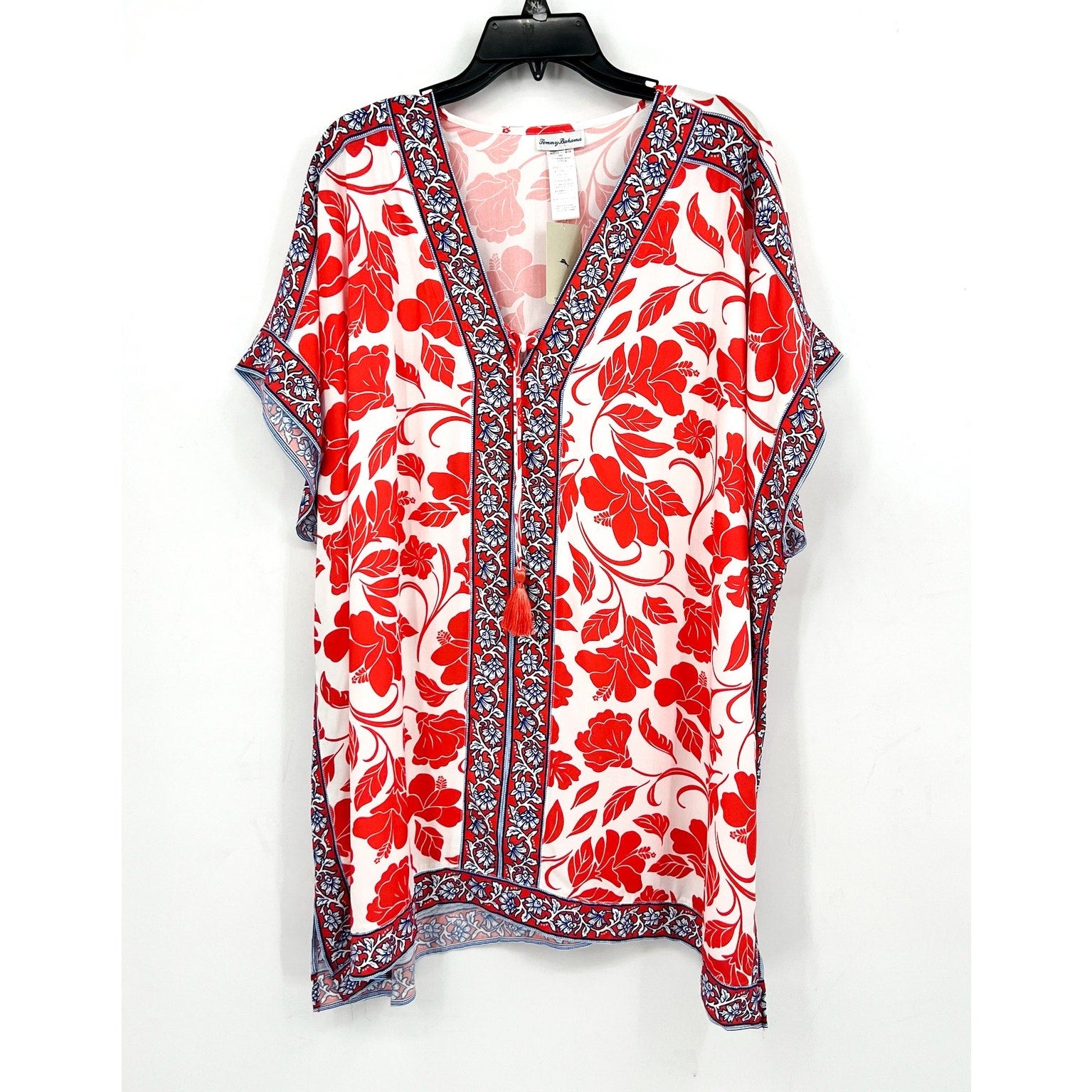 TOMMY BAHAMA Women's Fiori Border Beach Tunic Cover Up Large XL White Red NWT