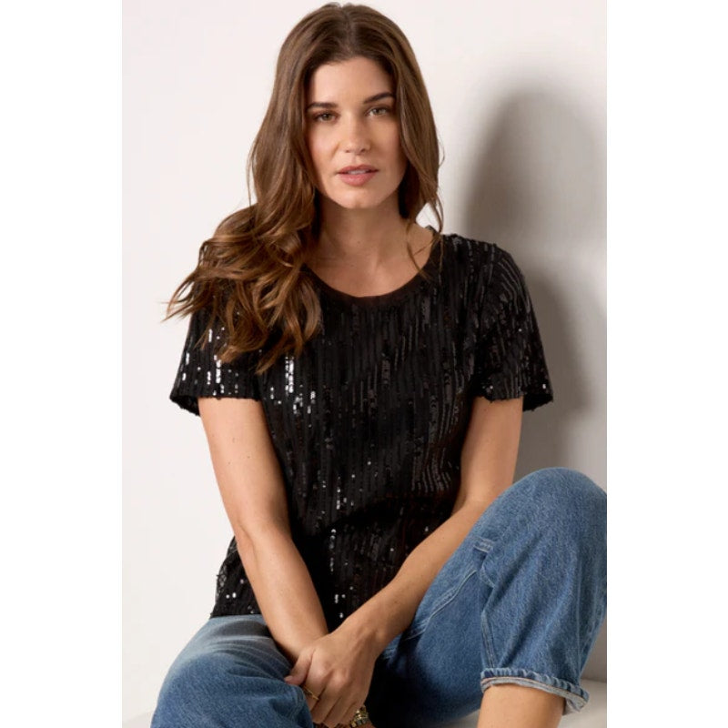 SANCTUARY Women's Sequin Perfect Tee Large Black Short Sleeve NWT