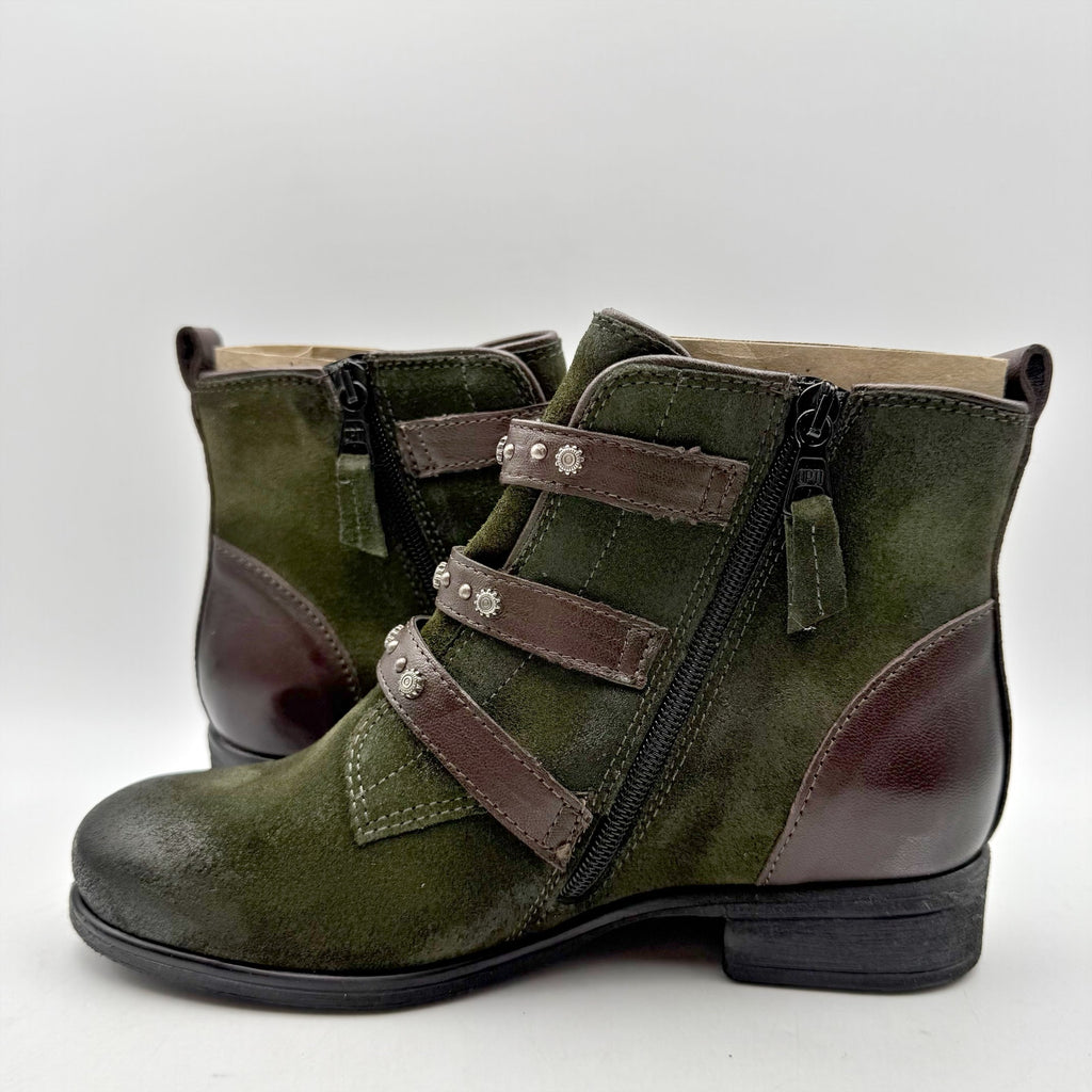 Miz Mooz Womens Sherri Ankle Boot EU 36 WIDE US 6 Green Brown Leather Buckle NIB