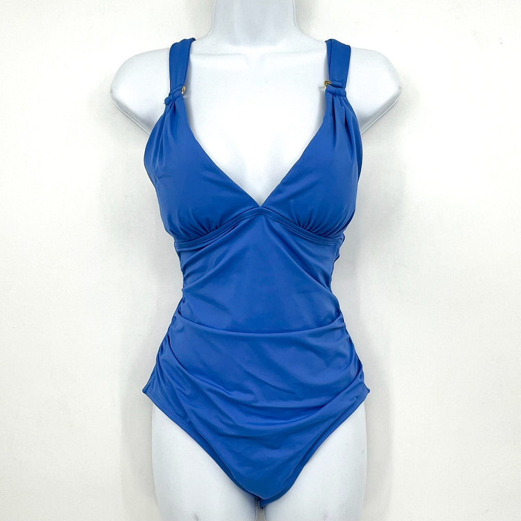 TOMMY BAHAMA Novelty Pearl One-Piece Swimsuit 10 Cornflower Blue Lace-Back NWOT