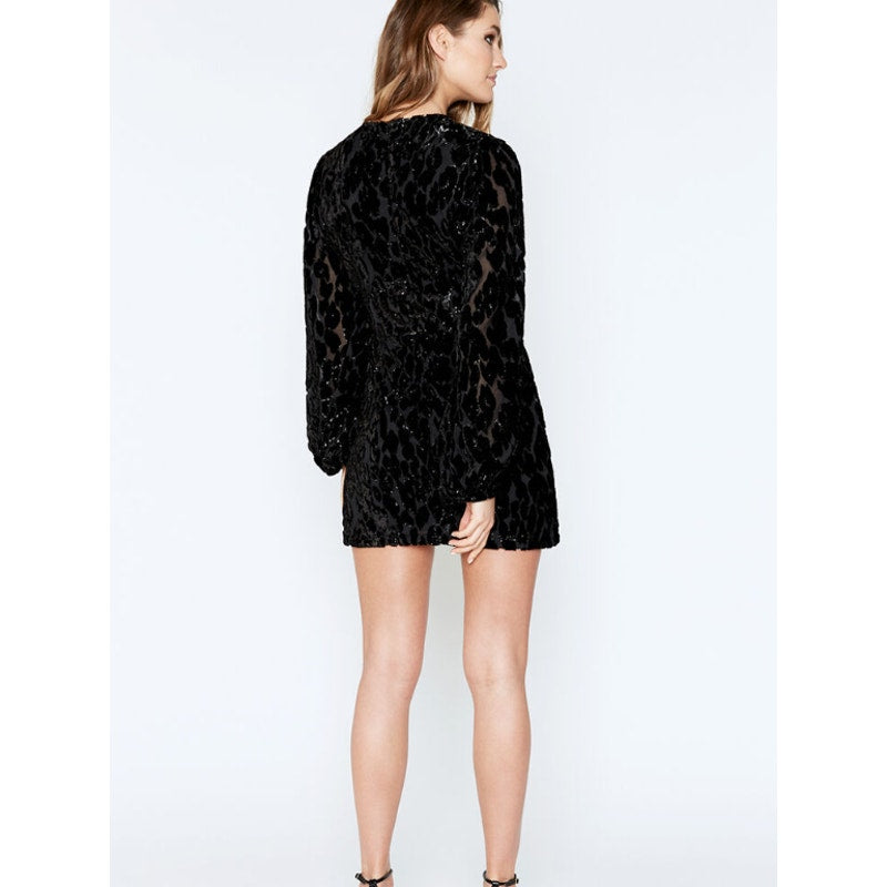 BARDOT Women's Leo Mini Dress Medium US 8 Black Burnout Velvet Long Sleeves NWR