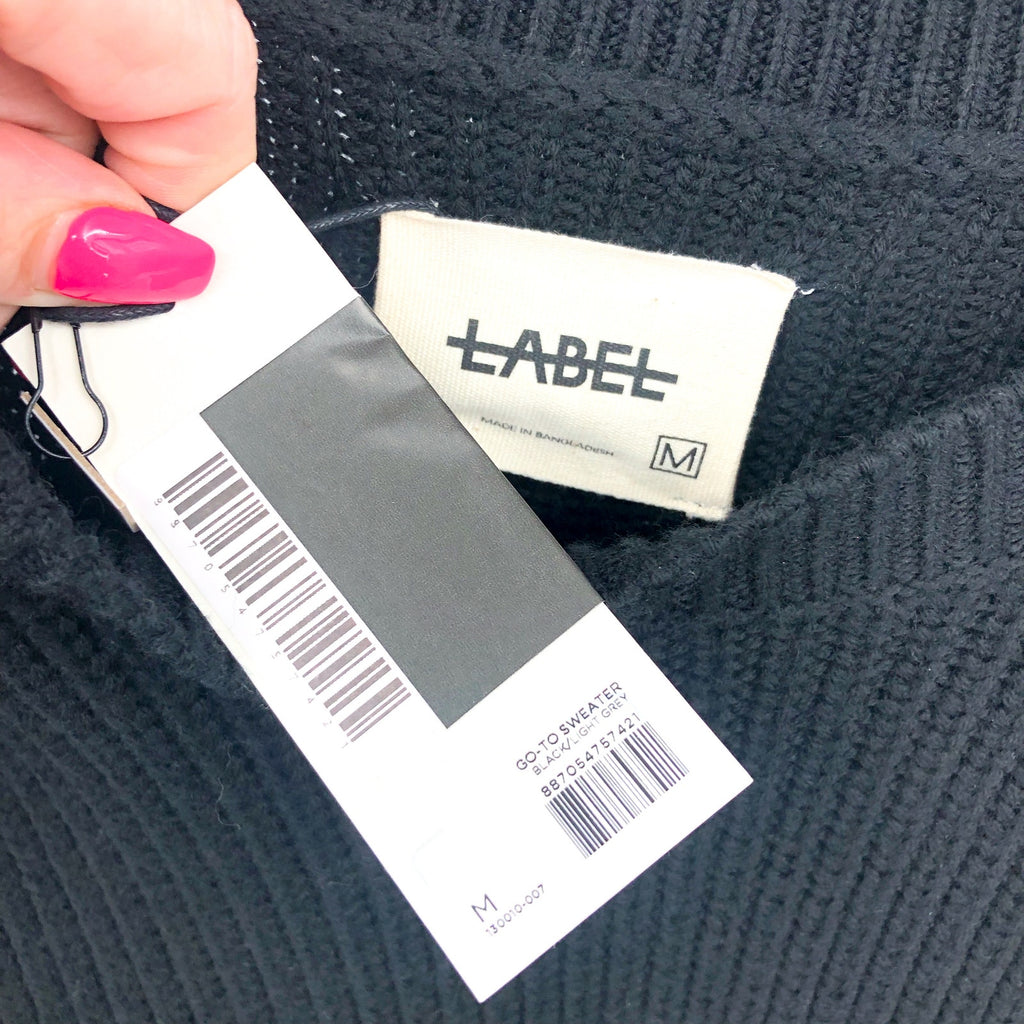 LABEL Men Go-To Sweater Medium Black Grey Merino Wool Knit Crewneck Pullover NWT