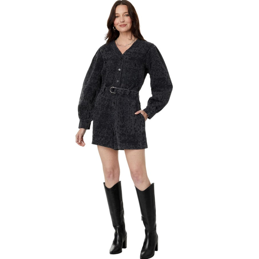 EN SAISON Womens Harlow Denim Romper Small Grey Charcoal Animal Print Belted NWT
