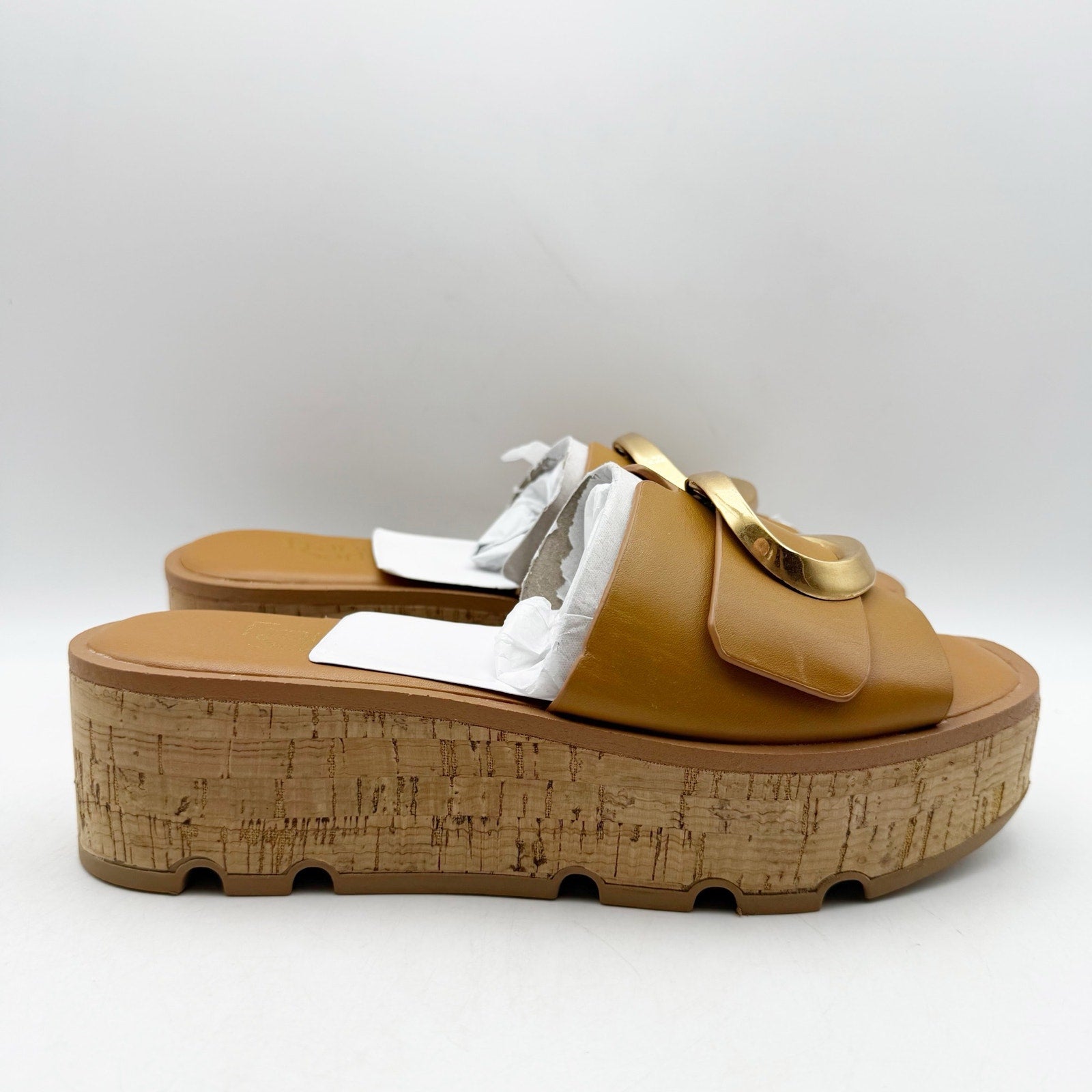 Franco Sarto Womens Hoda Cork Platform Slide Sandals US 6.5 M Tan Leather NWOB