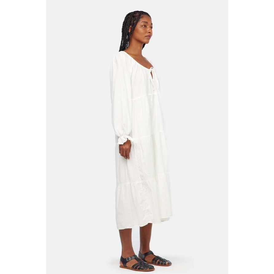 LACAUSA Women's Tate Tiered Midi Dress Small White Panna Cotta Long Sleeve NWT