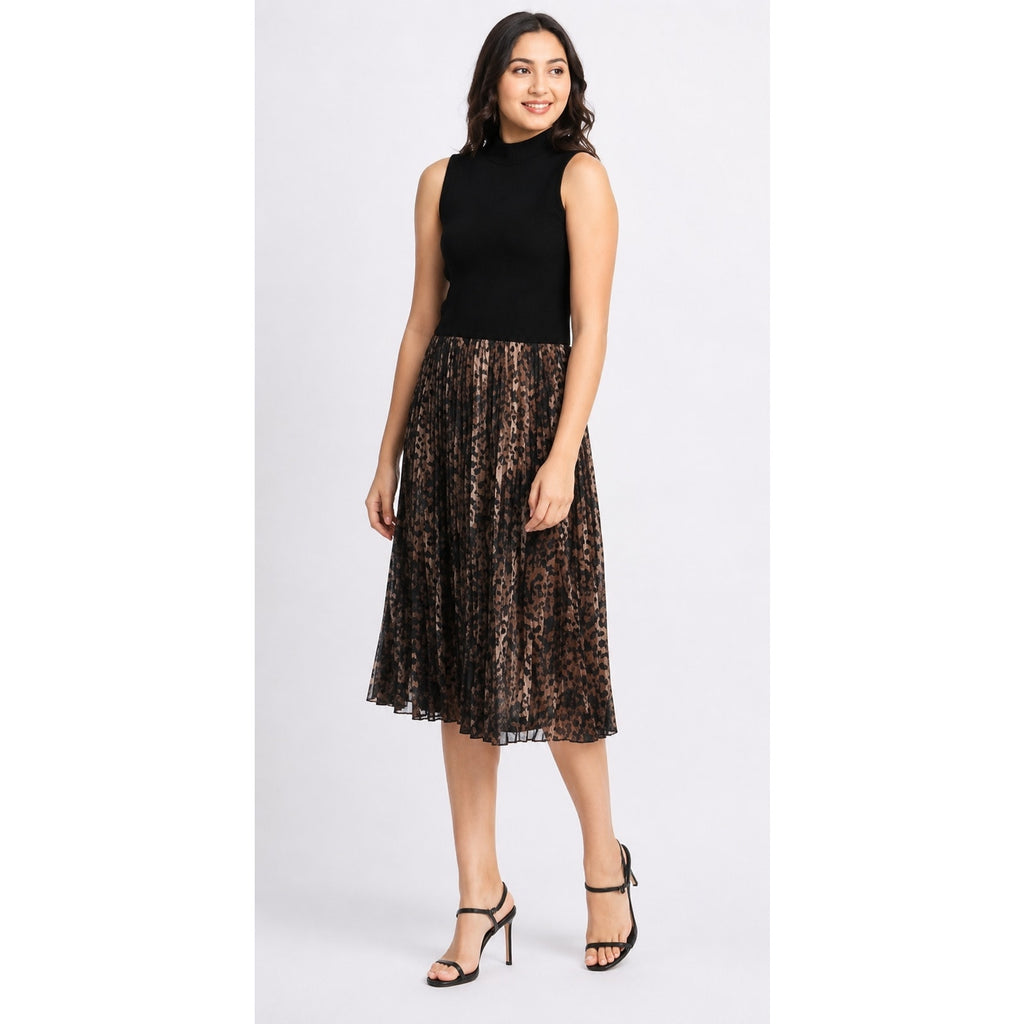 FORTUNE + IVY Womens Pleated Midi Dress Medium Black Tab Leopard Jersey NWOT