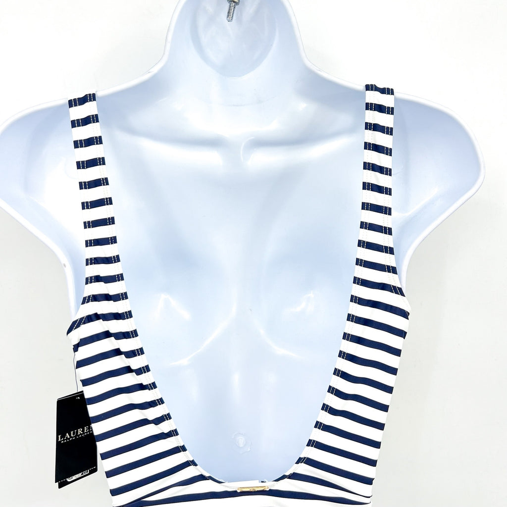 LAUREN RALPH LAUREN Luxe Stripe Laced Tank Swimsuit Size 12 Navy Blue White NWT
