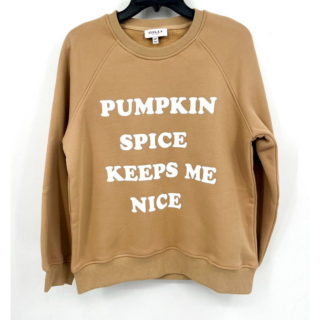 GILLI Womens Pumpkin Spice Keeps Me Nice Crew Sweatshirt Medium Petite Tan NWOT
