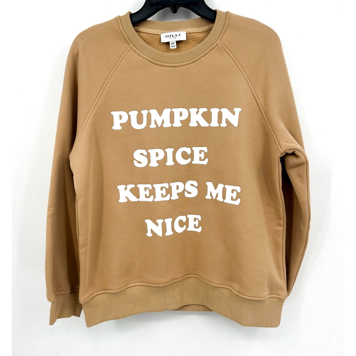 GILLI Womens Pumpkin Spice Keeps Me Nice Crew Sweatshirt Medium Petite Tan NWOT