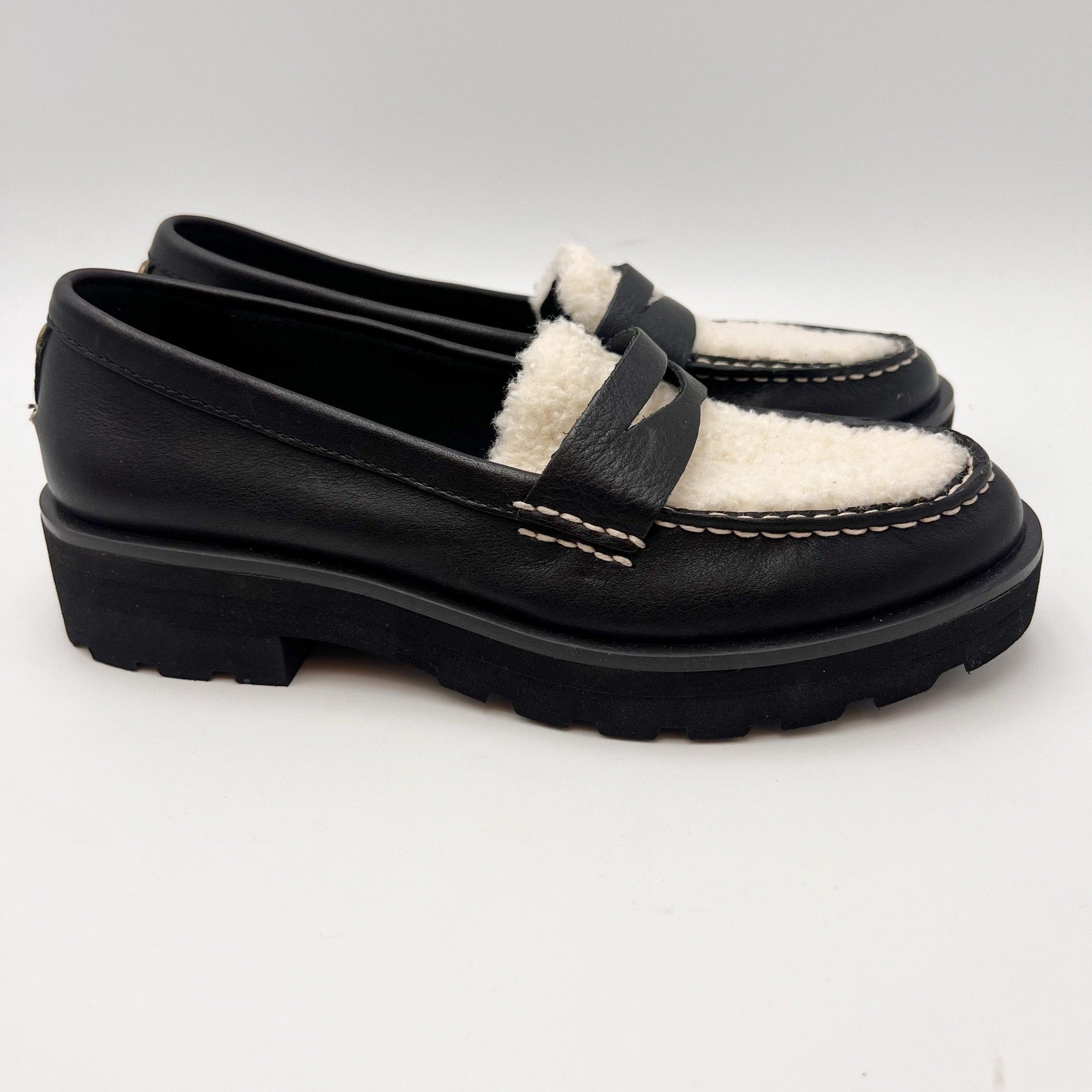 Sperry Womens Chunky Penny Loafers Size 6.5 M Black Leather Shearling Top NWOB