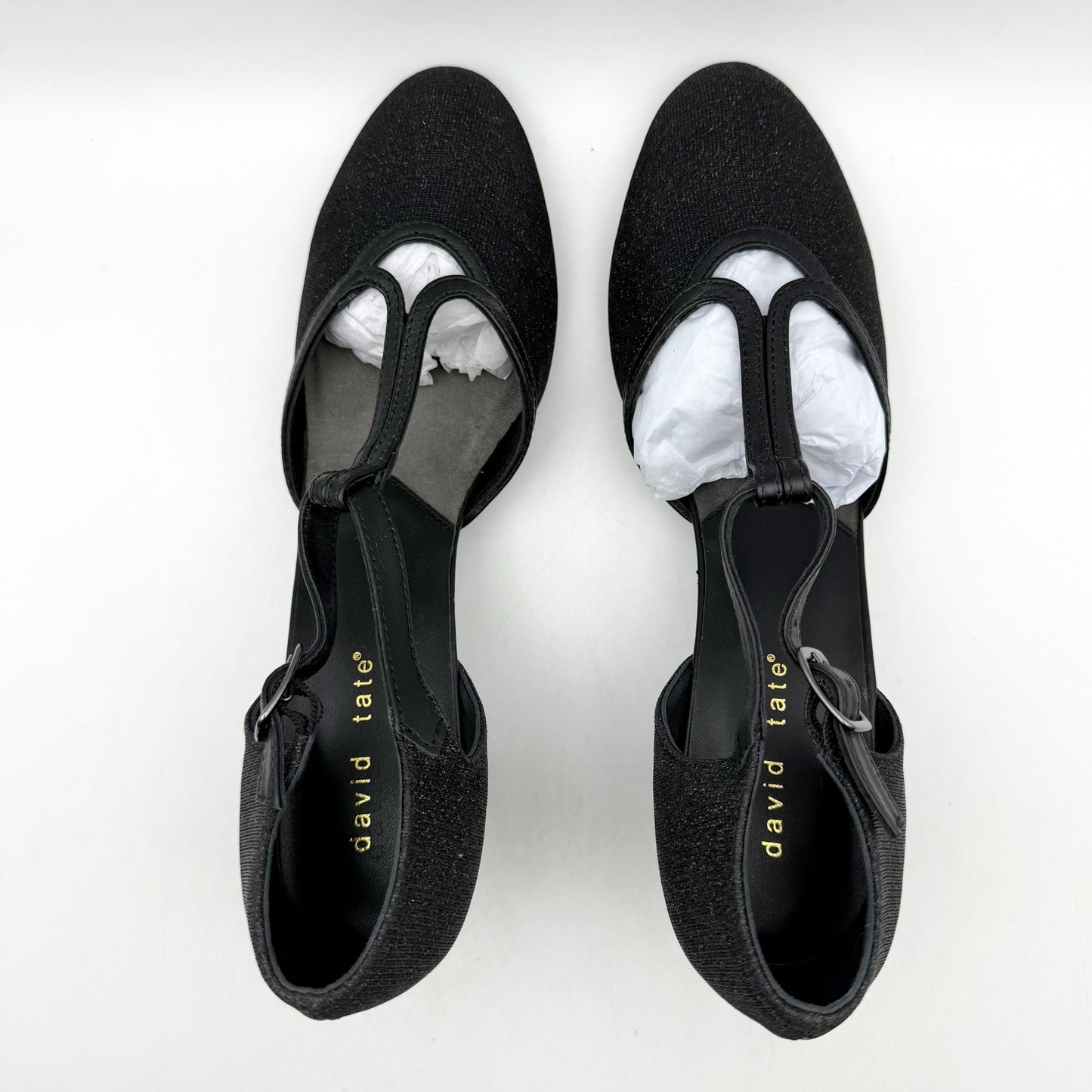 David Tate Womens Fantastic Heels 10 NARROW Black Glitter Fabric T-Strap NIB