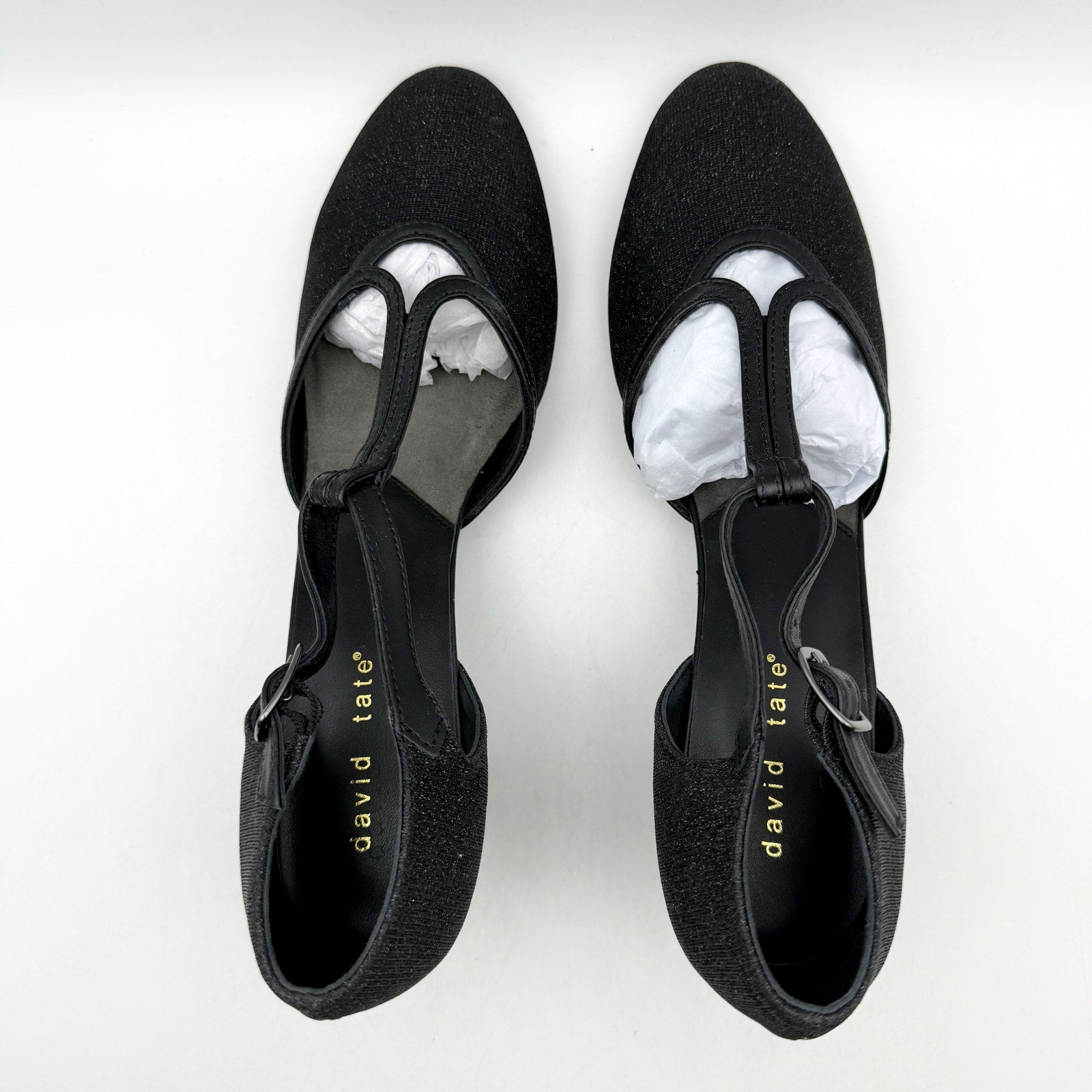 David Tate Womens Fantastic Heels 10 NARROW Black Glitter Fabric T-Strap NIB