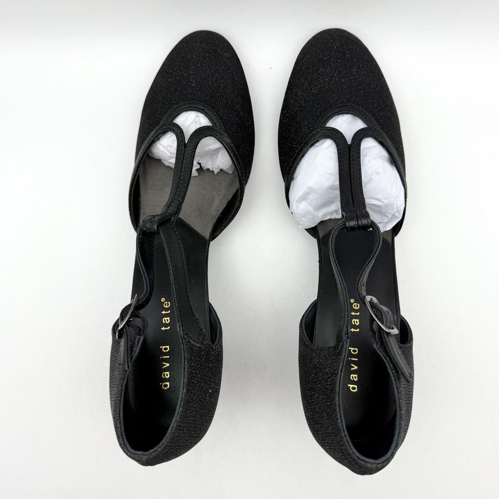 David Tate Womens Fantastic Heels 10 NARROW Black Glitter Fabric T-Strap NIB