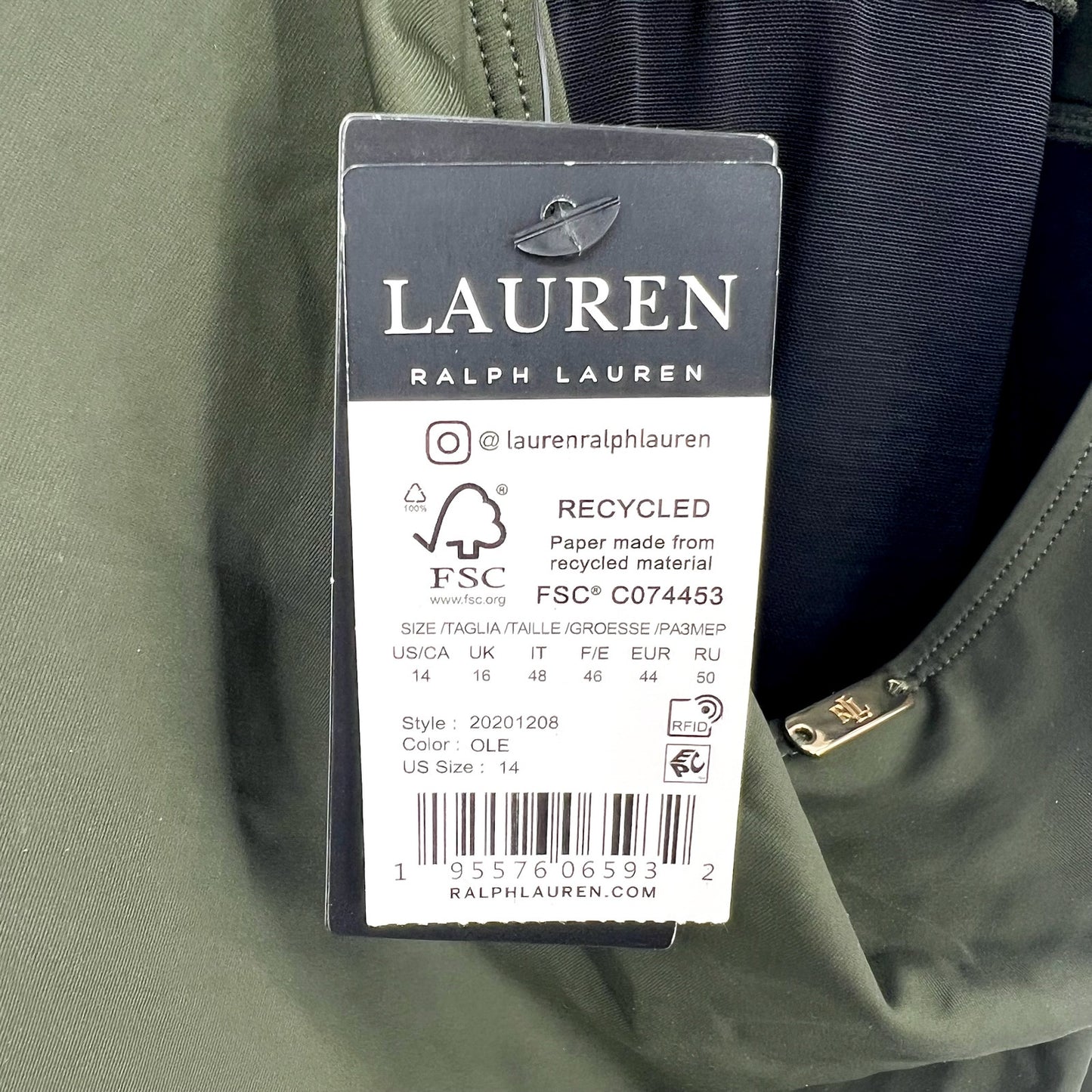 LAUREN RALPH LAUREN High Neck One-Piece Swimsuit 14 Olive Green Beach Club NWT