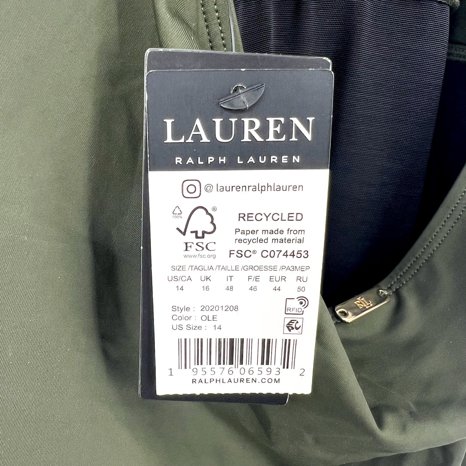 LAUREN RALPH LAUREN High Neck One-Piece Swimsuit 14 Olive Green Beach Club NWT