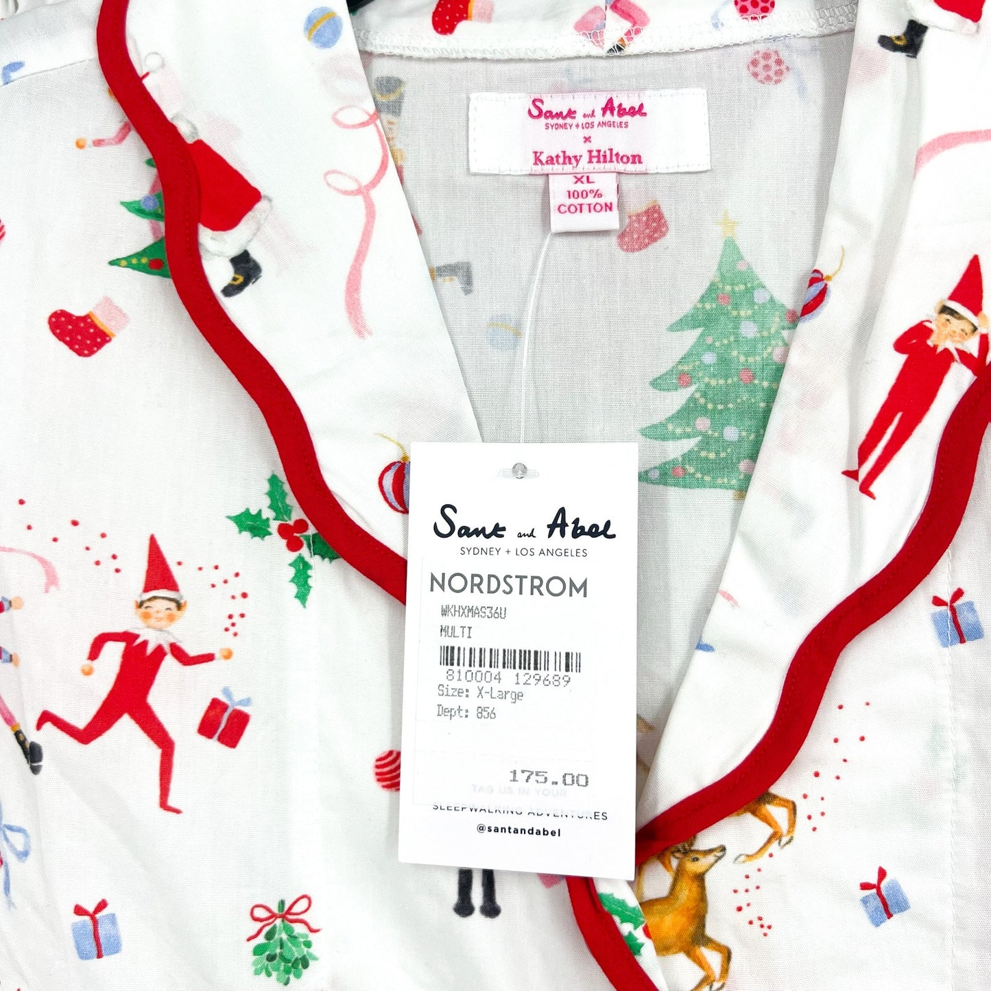 SANT AND ABEL X KATHY HILTON Christmas Magic Cotton Pajamas Set XL White NWT