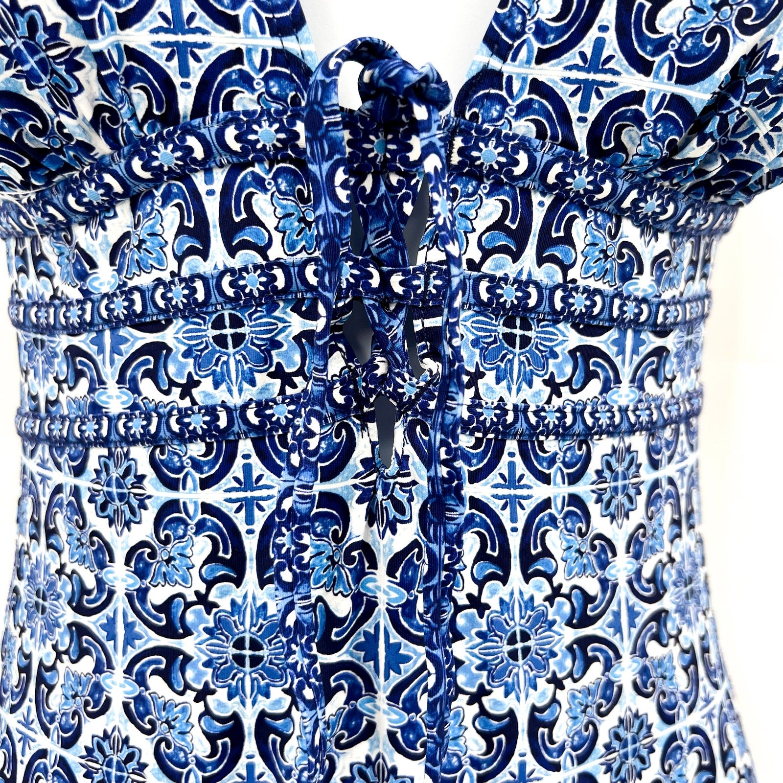 TOMMY BAHAMA Terrazzo Tile One-Piece Swimsuit Size 6 Palace Blue Tie-Front NWT