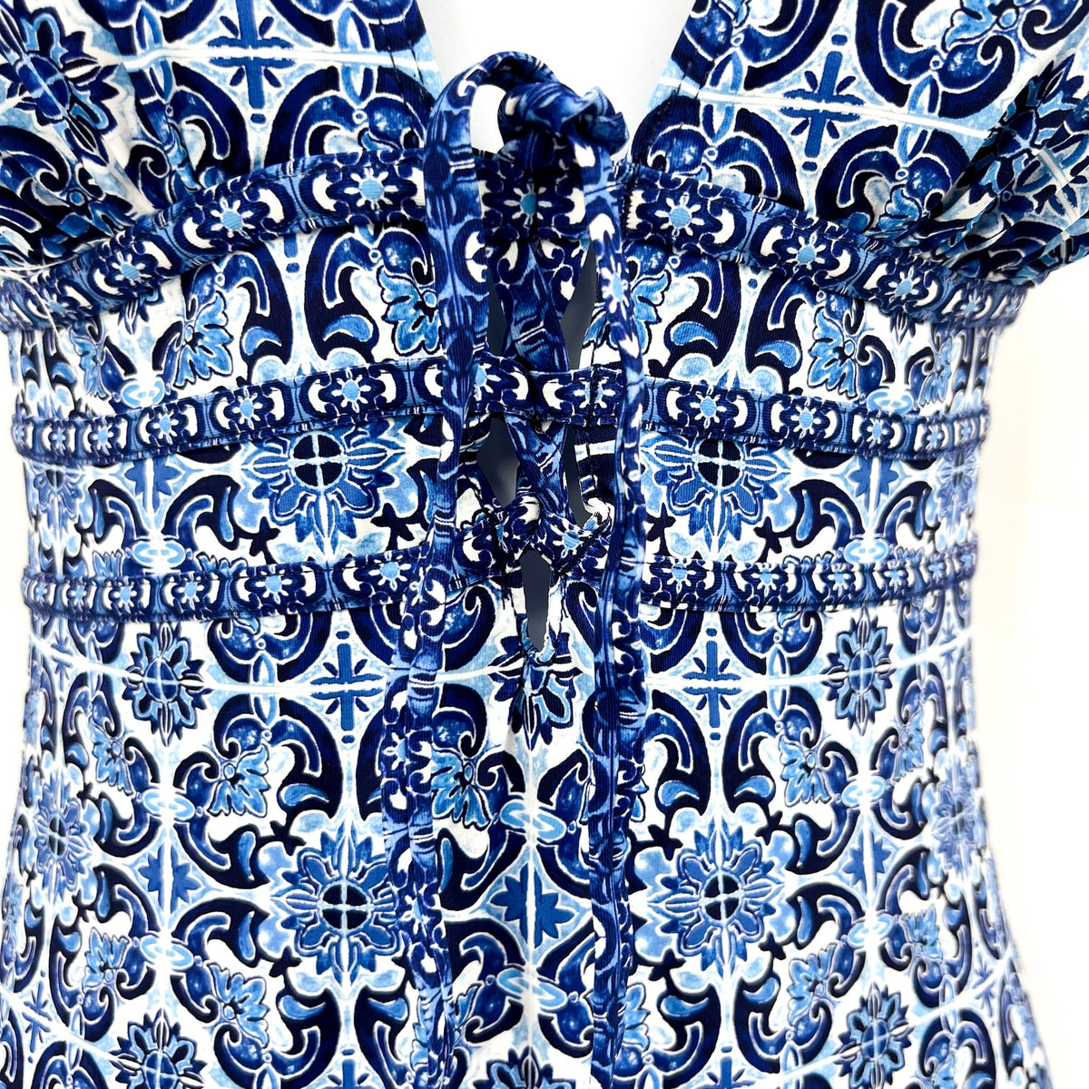 TOMMY BAHAMA Terrazzo Tile One-Piece Swimsuit Size 6 Palace Blue Tie-Front NWT