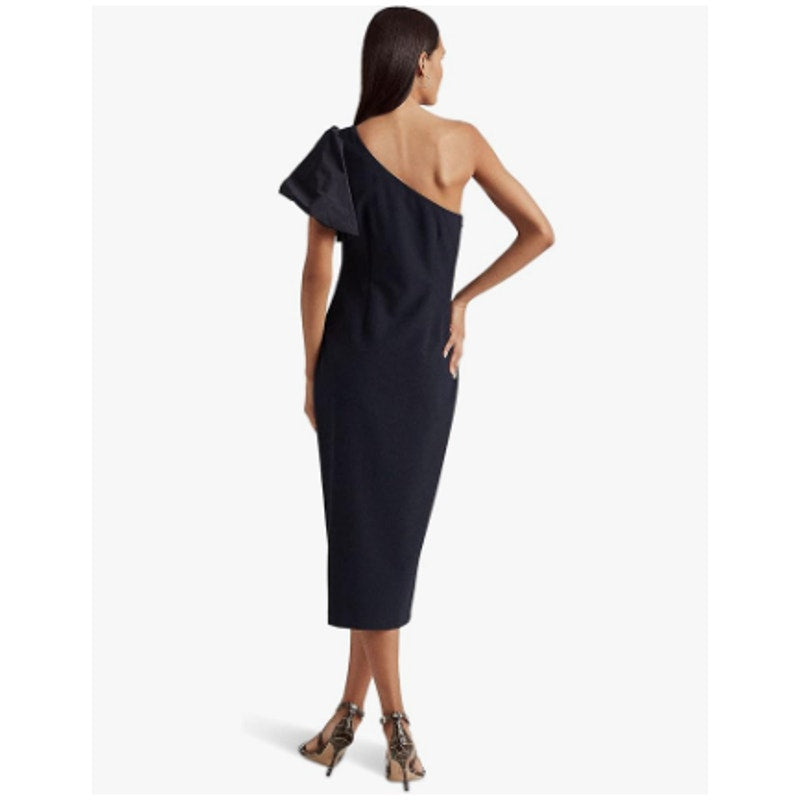 LAUREN RALPH LAUREN One-Shoulder Crepe Cocktail Dress Size 12 Navy Blue Midi NWT
