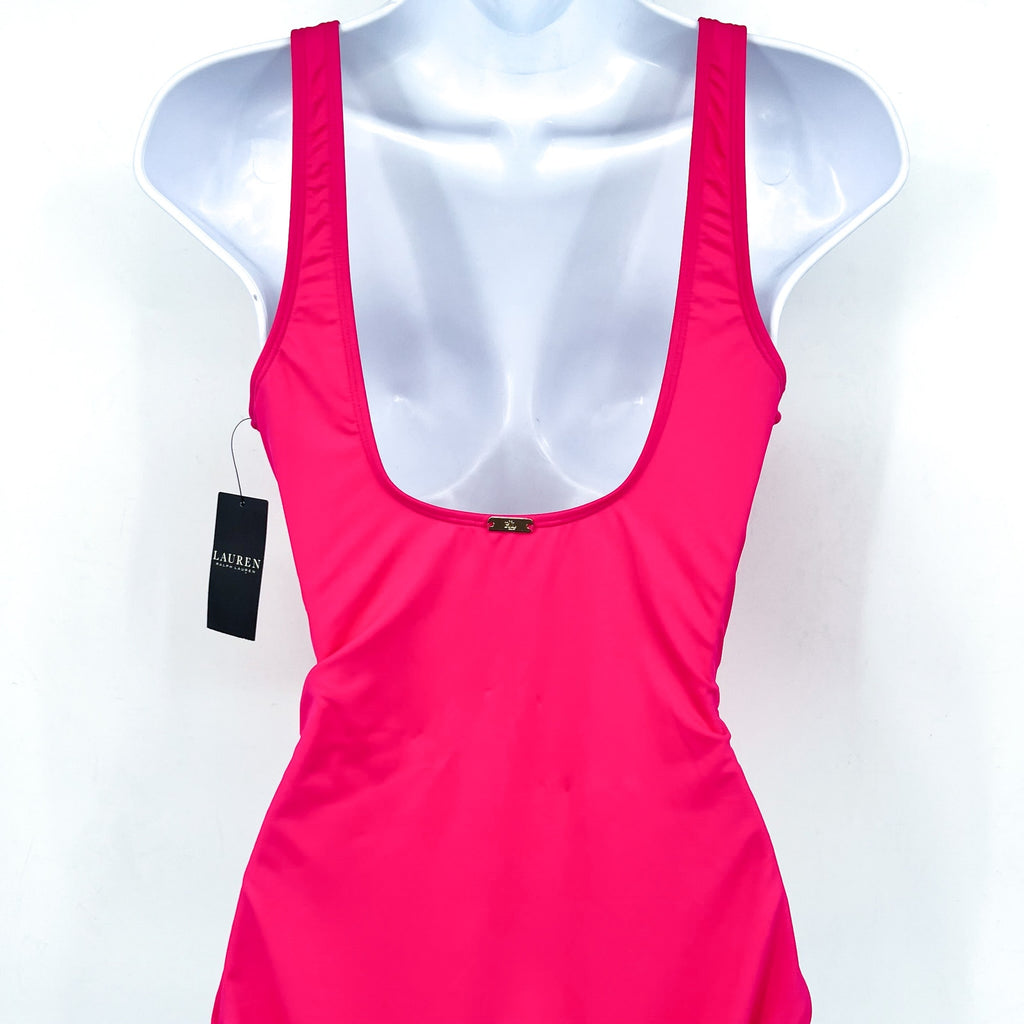 LAUREN RALPH LAUREN Over The Shoulder One Piece Swimsuit Size 12 Pink Ring NWT