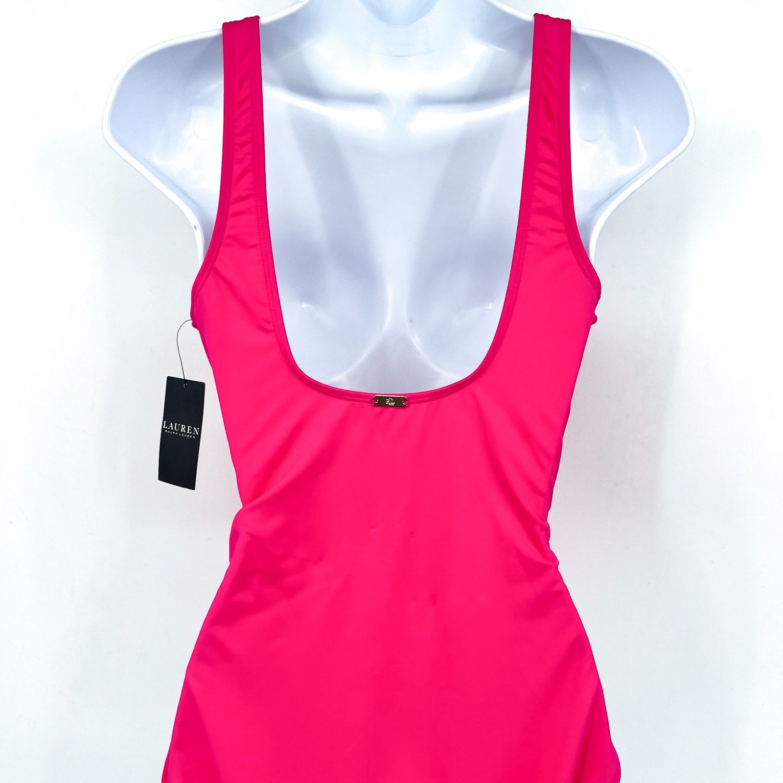 LAUREN RALPH LAUREN Over The Shoulder One Piece Swimsuit Size 12 Pink Ring NWT