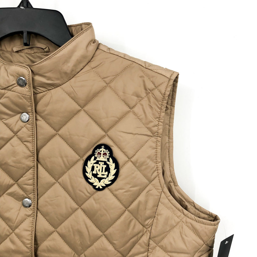 LAUREN RALPH LAUREN Womens Crest Patch Diamond Quilted Vest XL Birch Tan NWT