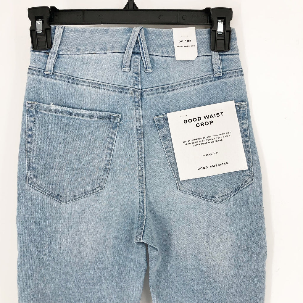 GOOD AMERICAN Good Waist Crop Skinny Jeans US 00 24 Light Blue Distressed NWT