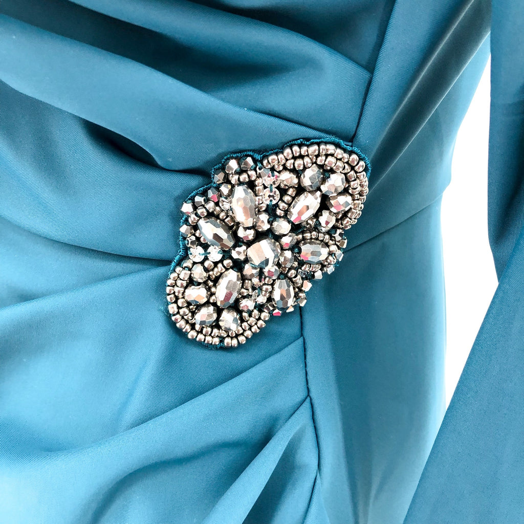 ALEX EVENINGS Beaded Wrap Front Dress Size 14 Blue Green Teal 134134 NWT