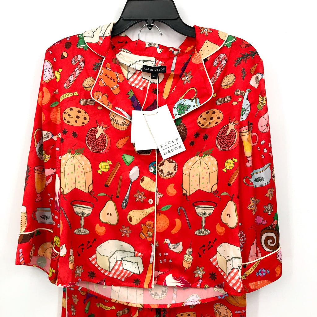 KAREN MABON Women's Holiday Feast Pajama Set XS Red Print Long Sleeve NWT