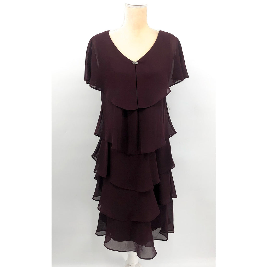SLNY Tiered V Neck Capelet Dress Size 10 Dark Purple Fig Chiffon NWT