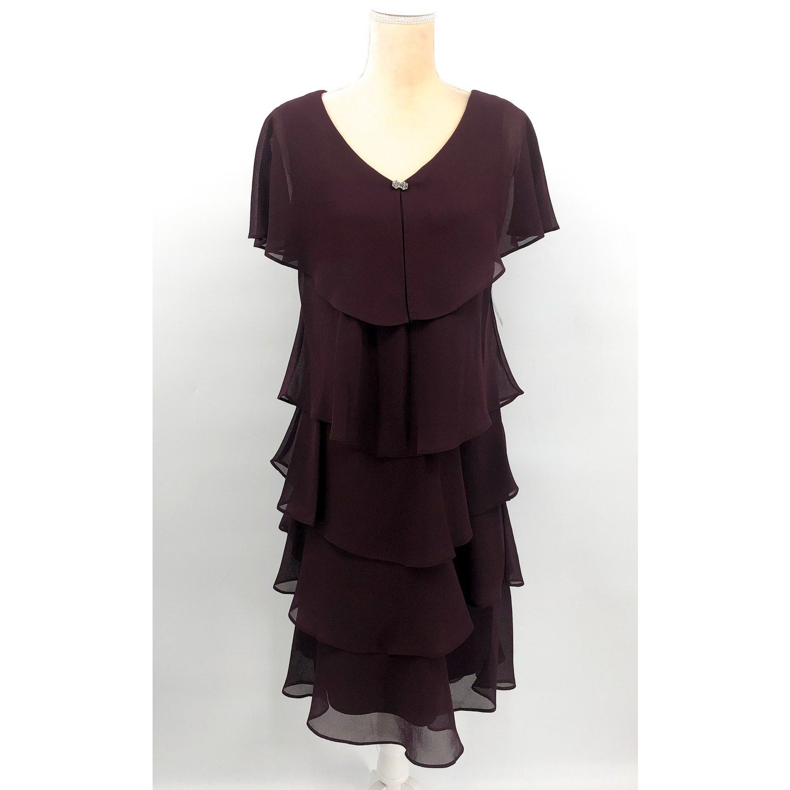 SLNY Tiered V Neck Capelet Dress Size 10 Dark Purple Fig Chiffon NWT