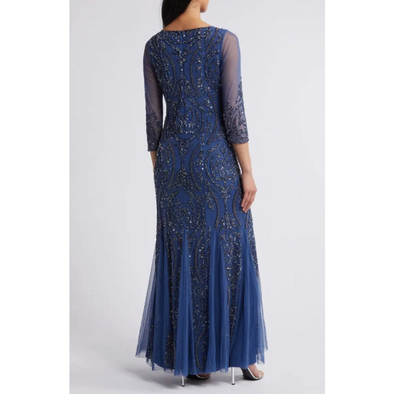 PISARRO NIGHTS Sequin Beaded Illusion Gown Size 2 Navy Blue Maxi Dress NWT
