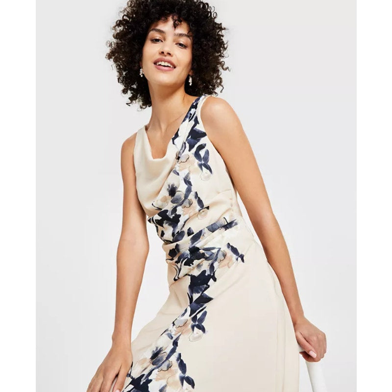 DKNY Women's Floral Cocktail Midi Dress Size 4 Elegant Beige Cowlneck NWT
