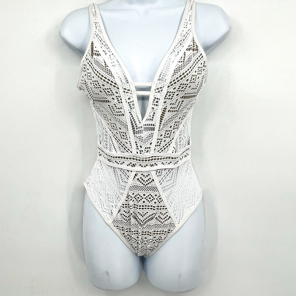 BECCA Women's Color Play Crochet Plunge One-Piece Swimsuit XS White Tan NWOT