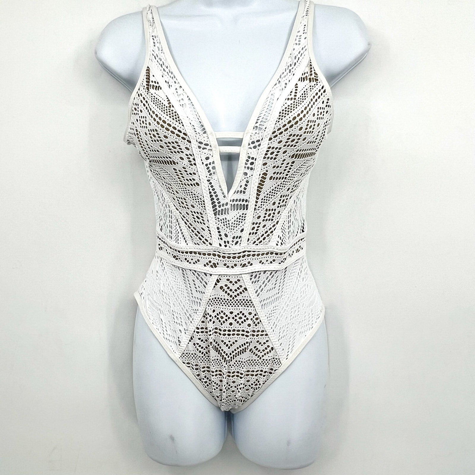 BECCA Women's Color Play Crochet Plunge One-Piece Swimsuit XS White Tan NWOT