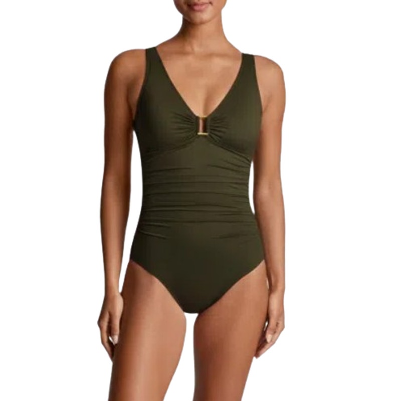 LAUREN RALPH LAUREN Womens Ring One Piece Swimsuit Size 4 Olive Green OTS NWT