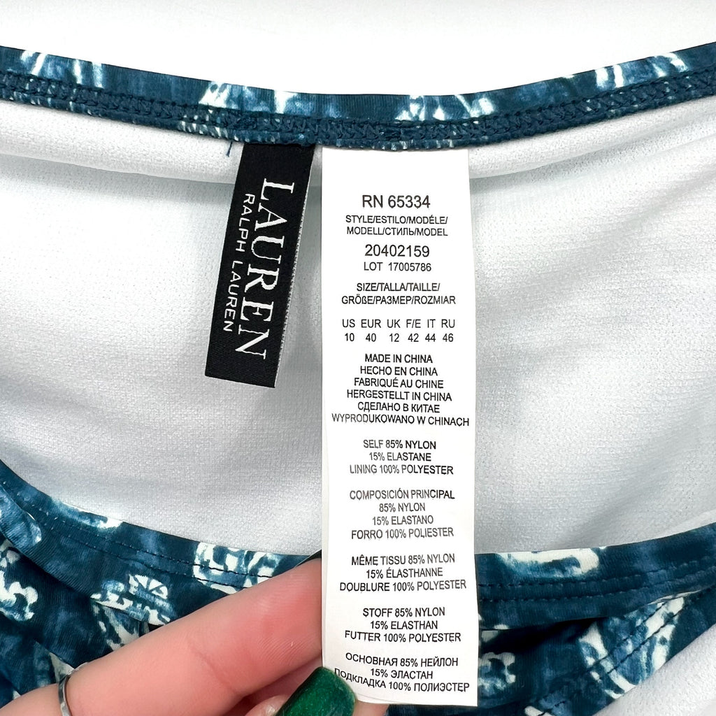 LAUREN RALPH LAUREN Hipster Bikini Bottom Size 10 Blue Print Side-Tie NWT