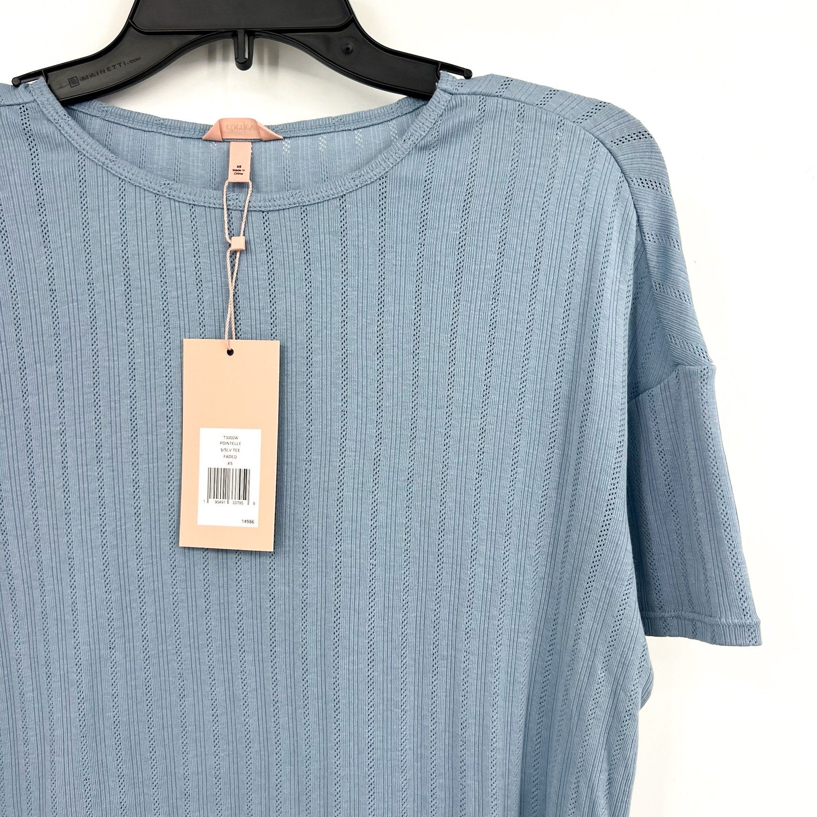 EBERJEY Women's Pointelle Short Sleeve Tee XS Blue Faded Denim Tencel Modal NWT