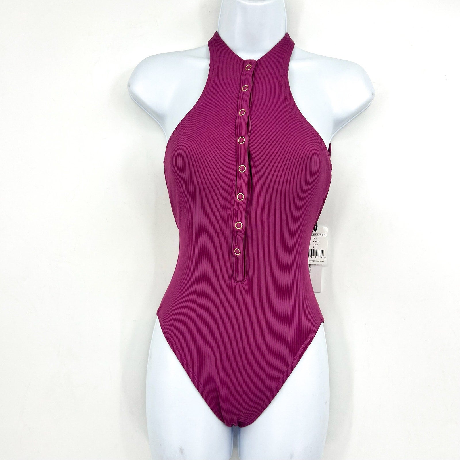 ROBIN PICCONE Amy One Piece Swimsuit Size 2 Purple Lotus High Neck Open Back NWT