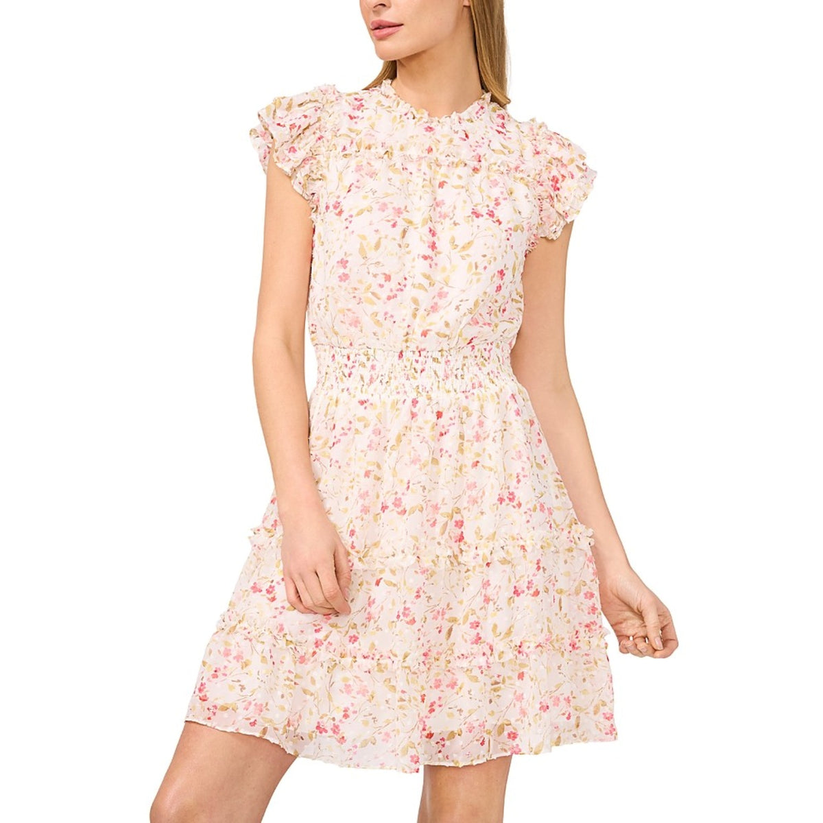 CECE Women's Short Ruffle Front Dress XS White Pink Peony Floral Print NWT