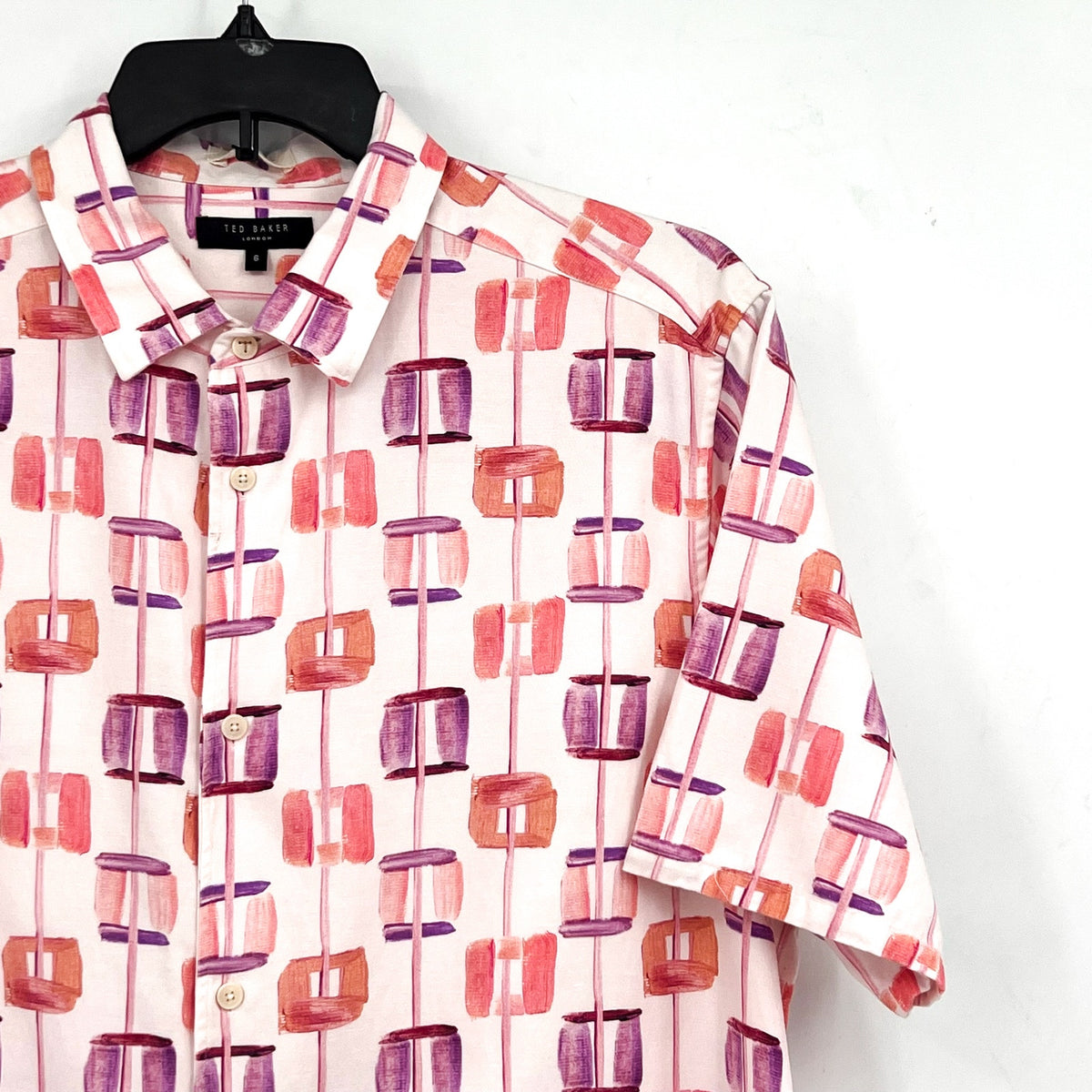 TED BAKER Men's Short Sleeve Button Down Shirt XXL 6 Pink Purple Abstract NWT