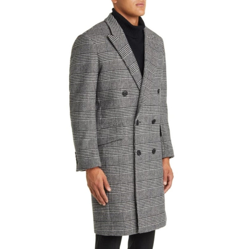 NORDSTROM Mens Overcoat Medium Black White City Glenn Plaid Wool Blend NWT