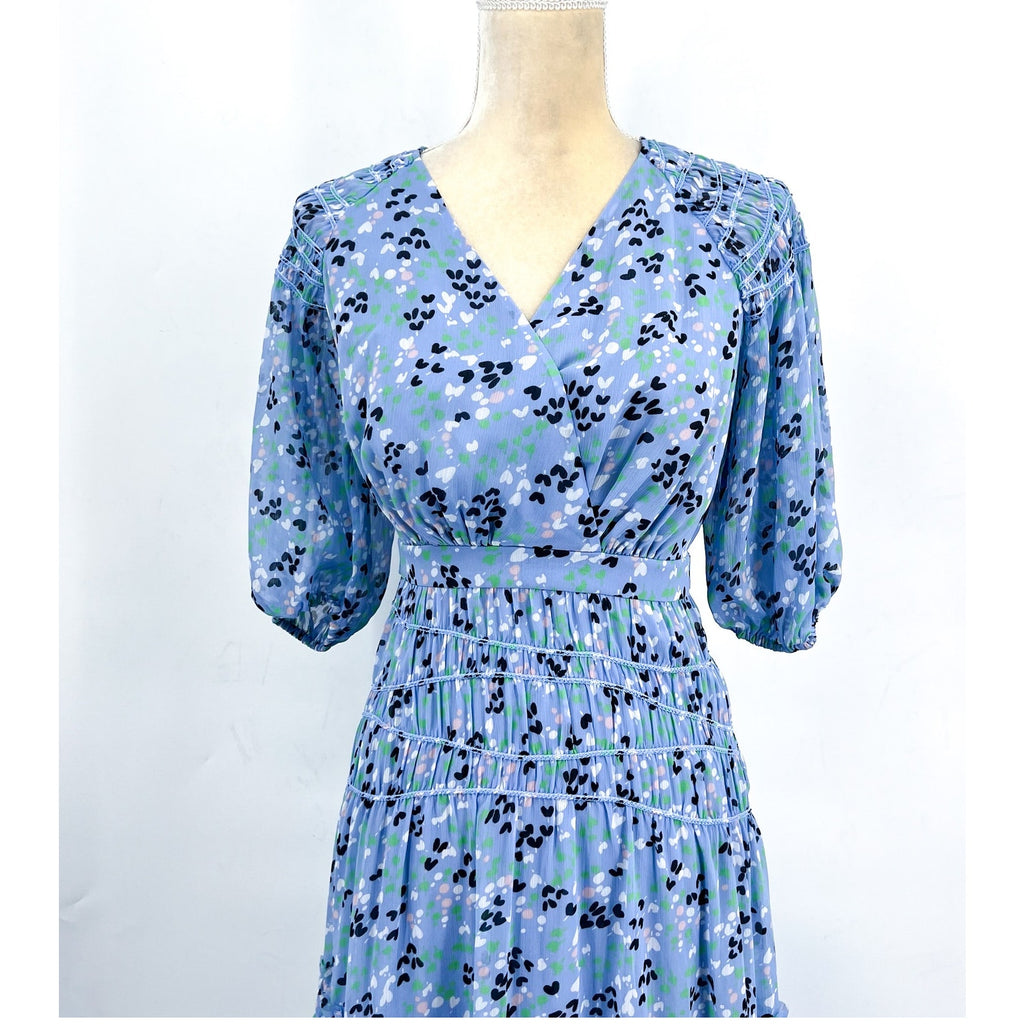TED BAKER Womens Blakeli Floral Dress TED 0 US 2 Blue Smocked Puff Sleeve NWOT