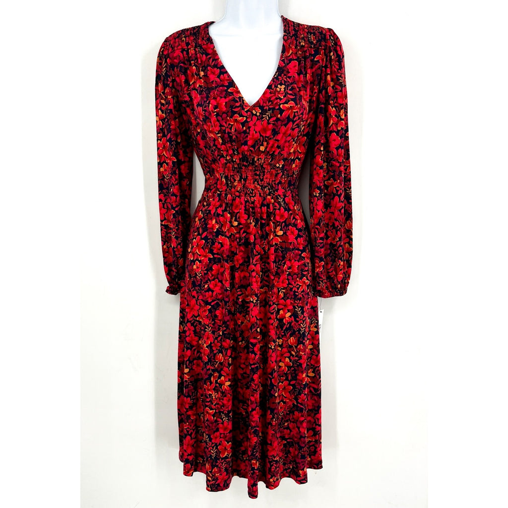 MAGGY LONDON Womens Floral V-Neck Dress Small Navy Blue Red Smocked NWT
