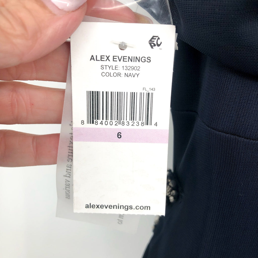 ALEX EVENINGS 132902 Grecian Gown Size 6 Navy Blue Jewel Accent Dress NWT