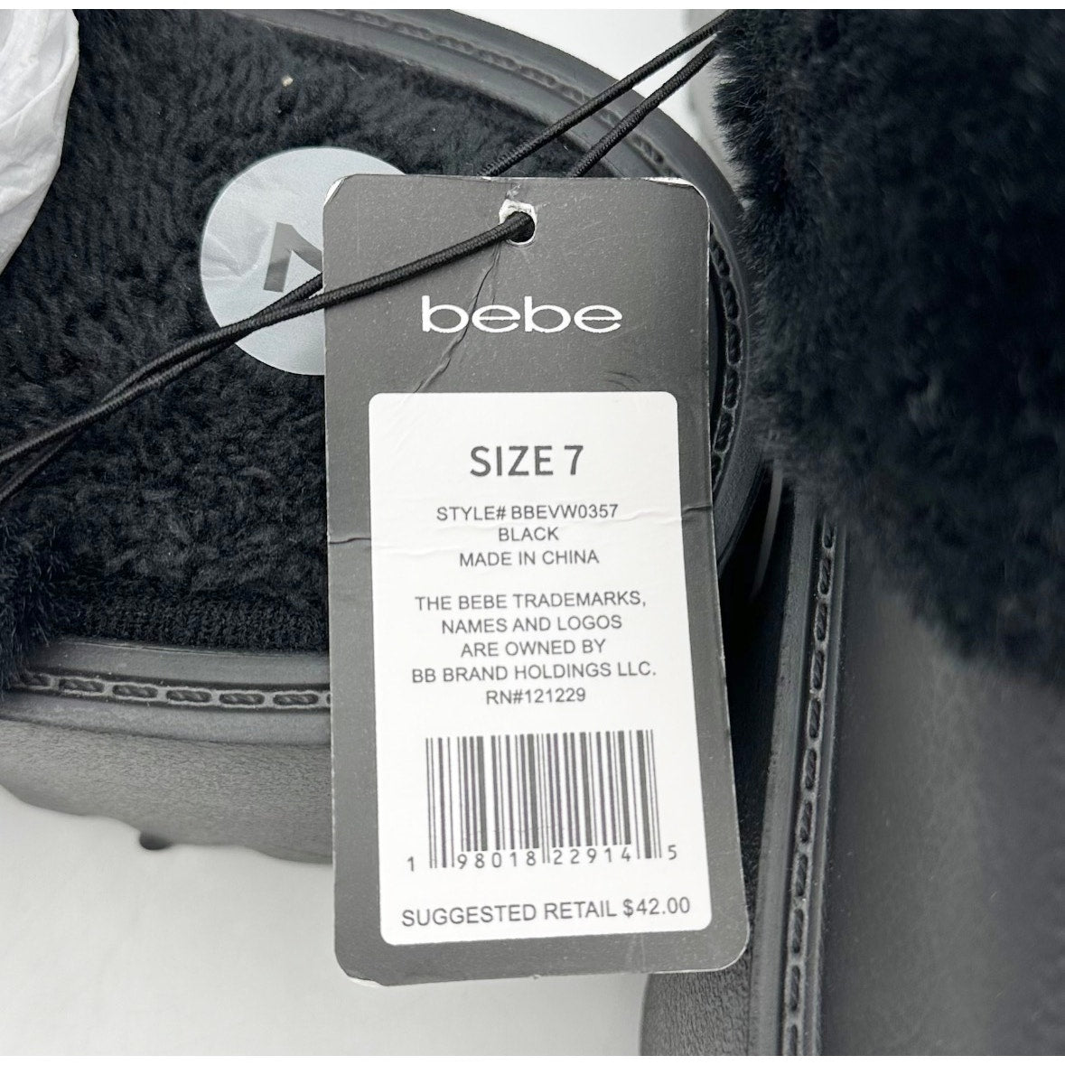 BEBE Women's Platform Slides Size 7 Black Faux Fur Collar Rhinestone Logo NWOB