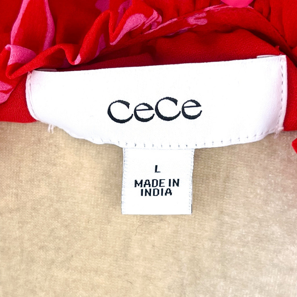 CECE Women's Bow-Print Babydoll Dress Large Red Pink Long-Sleeve NWT